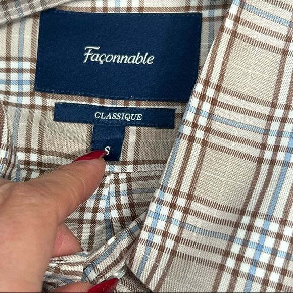 Men’s Faconnable Classique Small Tan Brown & Blue Plaid Button Down - Picture 4 of 6